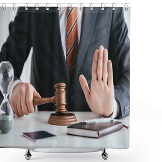 Personality  Cropped View Of Judge In Suit Holding Gavel And Showing Stop Sign Shower Curtains