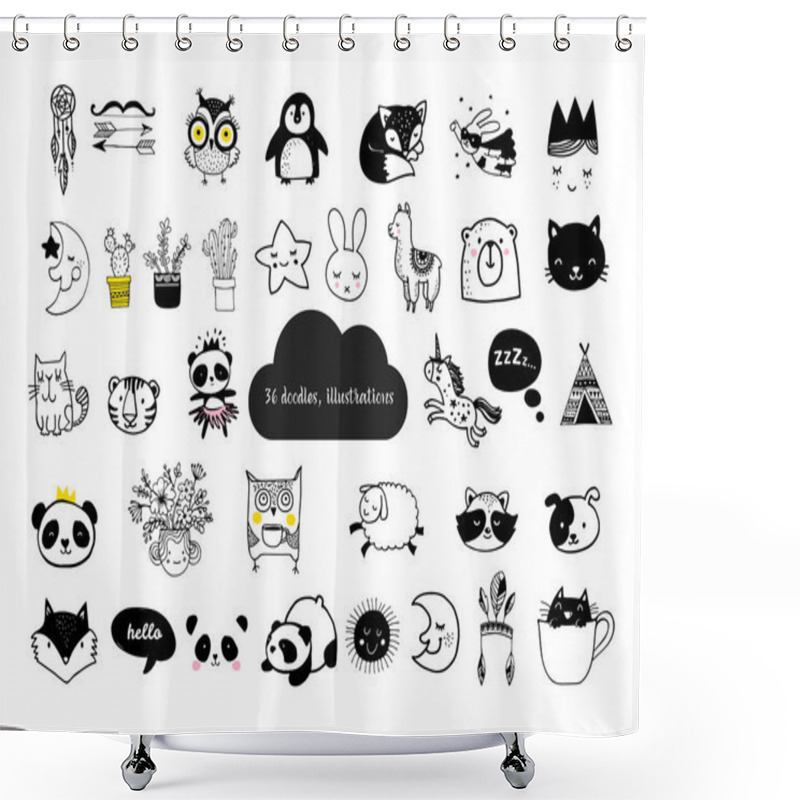 Personality  Scandinavian Style, Simple Design, Clean And Cute Black, White Illustrations, Collection Of Children Doodles, Sketches Shower Curtains