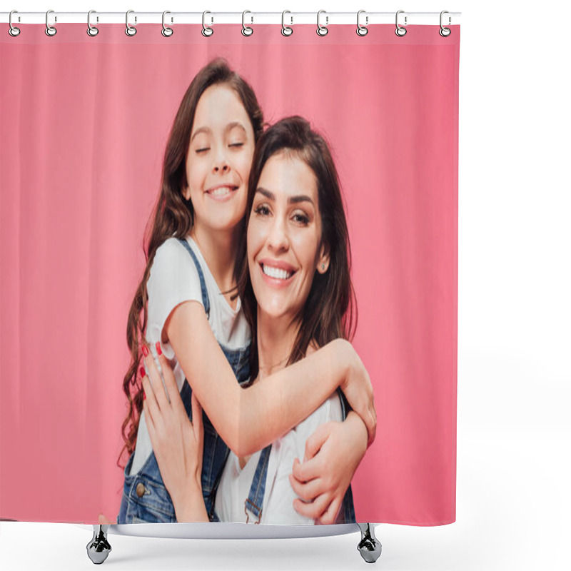 Personality  daughter hugging happy mother isolated on pink  shower curtains