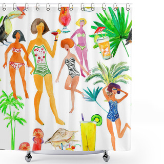 Personality  Seamless Summer Pattern With Women In Swimsuits With Palms And Cocktails Shower Curtains