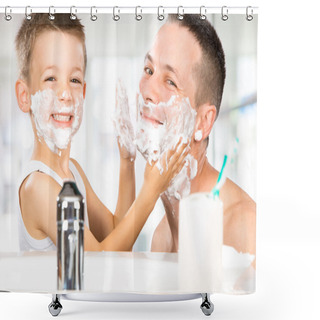 Personality  Happy Child Have Fun With Dad With Shaving Foam In The Bathroom Shower Curtains