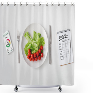Personality  Top View Of Fresh Vegetables On Plate, Smartphone With Calorie Counting App And Notebook With Diet Plan On White Background Shower Curtains