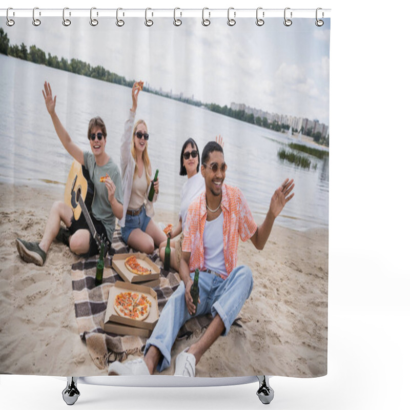 Personality  Cheerful Multiethnic Friends Waving Hands During Picnic On Riverside Shower Curtains