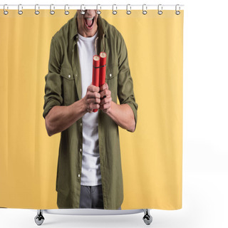 Personality  Cropped View Of Angry Man Yelling And Holding Dynamite Sticks, Isolated On Yellow Shower Curtains
