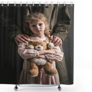 Personality  Cropped View Of Man Standing Near Kid With Teddy Bear, Post Apocalyptic Concept Shower Curtains