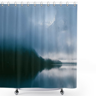 Personality  Delightful Landscape View Of Austrian Alps. Blue Sunset Over The Early Morning River Covered With Fog. Mountain Seen Over The Clouds. Shower Curtains