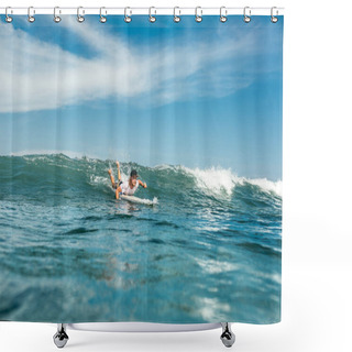 Personality  Distant View Of Male Sportsman Swimming On Surfing Board In Ocean At Nusa Dua Beach, Bali, Indonesia Shower Curtains