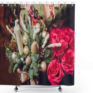 Personality  Workshop Of Christmas Decor With Their Own Hands. Christmas Wooden Box With Fir Branches For The Holiday. The New Year Celebration. Shower Curtains