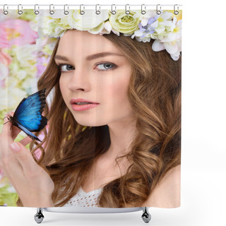 Personality  Close-up Portrait Of Attractive Young Woman In Floral Wreath With Butterfly On Hand Shower Curtains