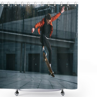 Personality  Skateboarder Doing Jump Trick In Urban Location Shower Curtains