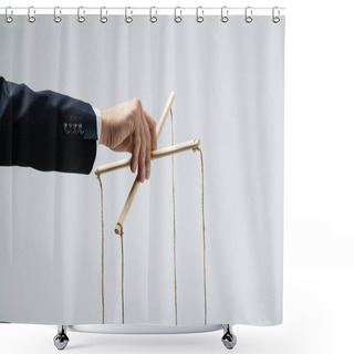 Personality  Cropped View Of Puppeteer In Suit Holding Marionette Isolated On Grey Shower Curtains