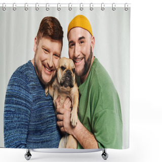 Personality  A Loving Gay Couple Holding Their Small French Bulldog With Care And Affection. Shower Curtains