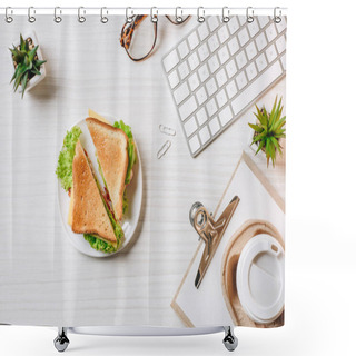 Personality  View From Above Of Disposable Coffee Cup, Sandwich, Computer Keyboard And Eyeglasses At Table In Office  Shower Curtains