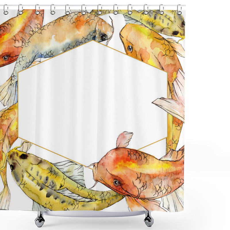 Personality  Watercolor Aquatic Underwater Tropical Fish Set. Red Sea And Exotic Fishes Inside: Goldfish. Frame Border Square. Shower Curtains