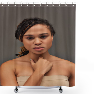 Personality  Young Attractive African American Woman In Beige Pastel Underwear Posing Seriously, Fashion Concept Shower Curtains
