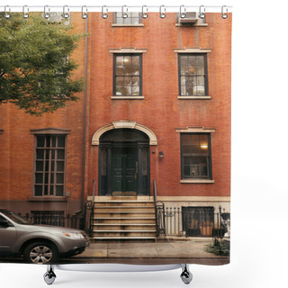 Personality  Car Near Entrance Of Brick House On Street Of Brooklyn Heights In New York City Shower Curtains