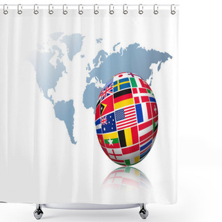 Personality  Globe Made Out Of Flags On A World Map Background. Vector. Shower Curtains