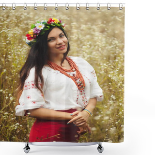 Personality  Beautiful Woman In Colorful Ukrainian Traditional Dress Holding Herself And Enjoying Summer In Field Shower Curtains