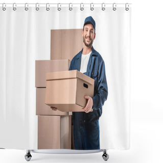 Personality  Smiling Handsome Mover In Uniform Carrying Cardboard Box And Looking At Camera Isolated On White With Copy Space Shower Curtains