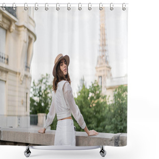 Personality  Smiling Woman In Sun Hat Looking At Camera With Eiffel Tower At Background In Paris  Shower Curtains