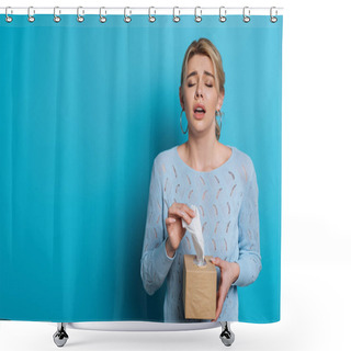 Personality  Crying Girl Holding Pack Of Paper Napkins On Blue Background Shower Curtains