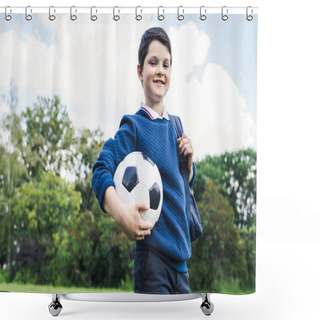 Personality  Bottom View Of Kid Holding Soccer Ball On Grass Field Shower Curtains