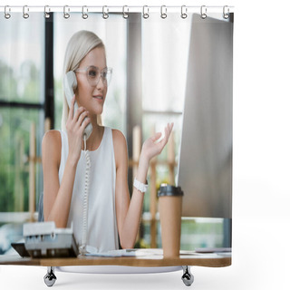 Personality  Selective Focus Of Blonde Businesswoman Smiling While Gesturing And Talking On Retro Phone Near Paper Cup Shower Curtains