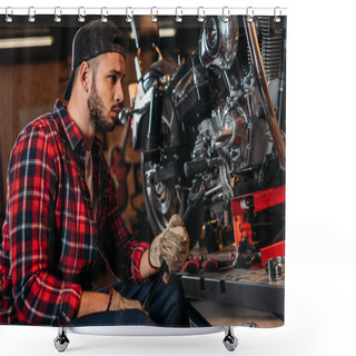 Personality  Handsome Bike Repair Station Worker With Wrench Looking At Motorcycle Shower Curtains