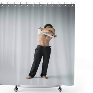 Personality  Full Length Of Sexy And Muscular Man In Trousers Taking Off White T-shirt On Grey  Shower Curtains