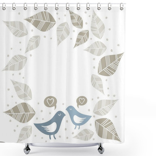 Personality  Little Blue Birds Love Talk Dots Leaves Wreath Card Illustration Isolated On White Shower Curtains
