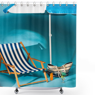 Personality  Striped Deck Chair Near Sunscreen, Beach Bag And Cocktail Under Umbrella On Blue Background Shower Curtains
