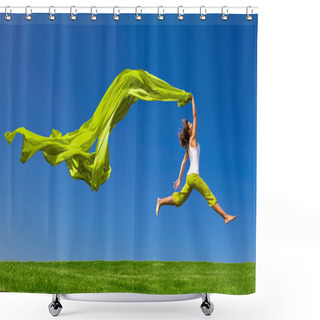 Personality  Woman Jumping On A Green Meadow With A Colored Tissue Shower Curtains