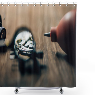 Personality  Selective Focus Of Wristwatch, Magnifying Glass And Blower On Wooden Table Shower Curtains