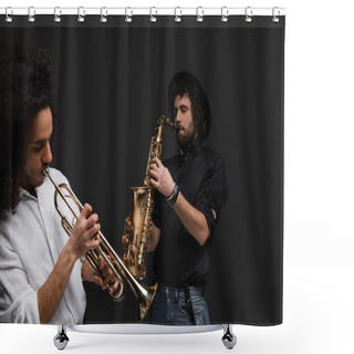 Personality  Duet Of Musicians Playing Trumpet And Saxophone On Black Shower Curtains