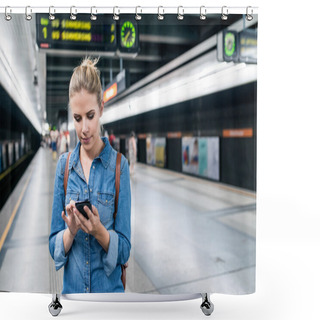 Personality  Woman At Underground Platform With Smartphone   Shower Curtains