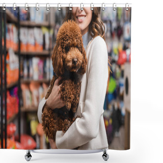 Personality  Cropped View Of Smiling Woman Holding Poodle In Pet Shop  Shower Curtains