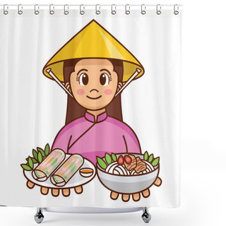 Personality  Cute Cartoon Vietnamese Girl In Traditional Cloth Serving Fresh Spring Rolls And Noodle Soup, Vector Shower Curtains