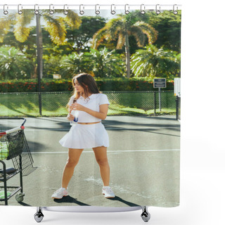 Personality  Young And Sun-kissed Tennis Player With Long Hair Standing In White Sporty Outfit With Bottle Of Water Near Cart With Tennis Balls In Miami, Blurred Background, Healthy Habits, Stylish Woman  Shower Curtains