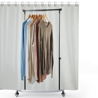 Personality  Straight Rack, Wooden Hangers And Male Clothes Isolated On Grey Shower Curtains