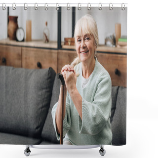 Personality  Cheerful Senior Woman Sitting On Sofa And Holding Walking Stick  Shower Curtains