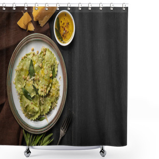 Personality  Top View Of Green Ravioli Served In Vintage Plate Near Silver Fork At Black Wooden Table With Copy Space Shower Curtains
