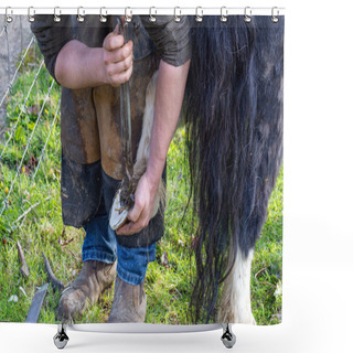 Personality  Farrier Working On The Hooves Of A Shetland Pony Shower Curtains