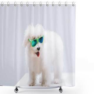 Personality  Bichon Havanese Dog In Green Sunglasses On White Surface Isolated On Grey Shower Curtains