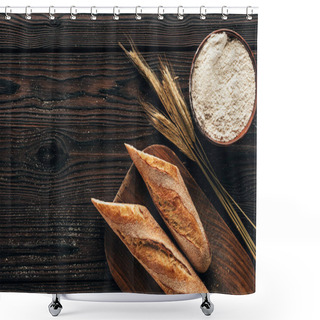 Personality  Top View Of Arranged Pieces Of French Baguette On Cutting Board, Wheat And Flour In Bowl On Wooden Surface Shower Curtains