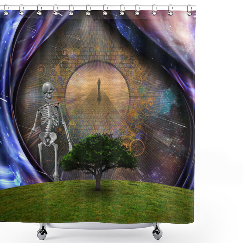 Personality  Surrealism. Green Tree. Man On A Stone Road. Skeleton Represents Death. 3D Rendering. Shower Curtains