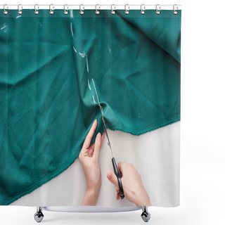 Personality  Top View Of Seamstress Cutting Colorful Fabric With Scissors On White Background  Shower Curtains