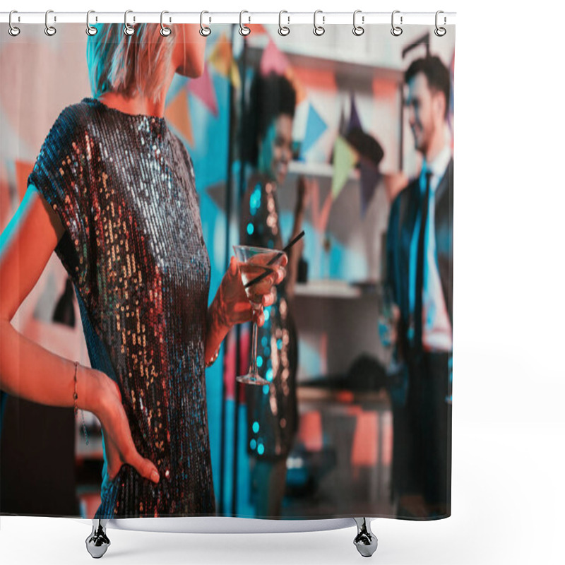 Personality  Blonde Woman Holding Glass With Cocktail By Her Friends At Party Shower Curtains