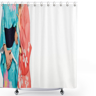 Personality  Cropped View Of Young Cosplayers Wearing Colorful Japanese Kimonos On White, Horizontal Banner Shower Curtains