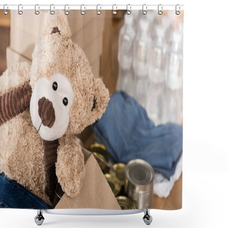 Personality  Selective Focus Of Soft Toy In Carton Box Near Tin Cans And Donations In Charity Center  Shower Curtains