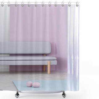 Personality  Pastel Blue Upholstered Bench Settee With Wooden Legs By A Lavender Purple Wall In A Colorful Living Room Interior. Real Photo. Shower Curtains
